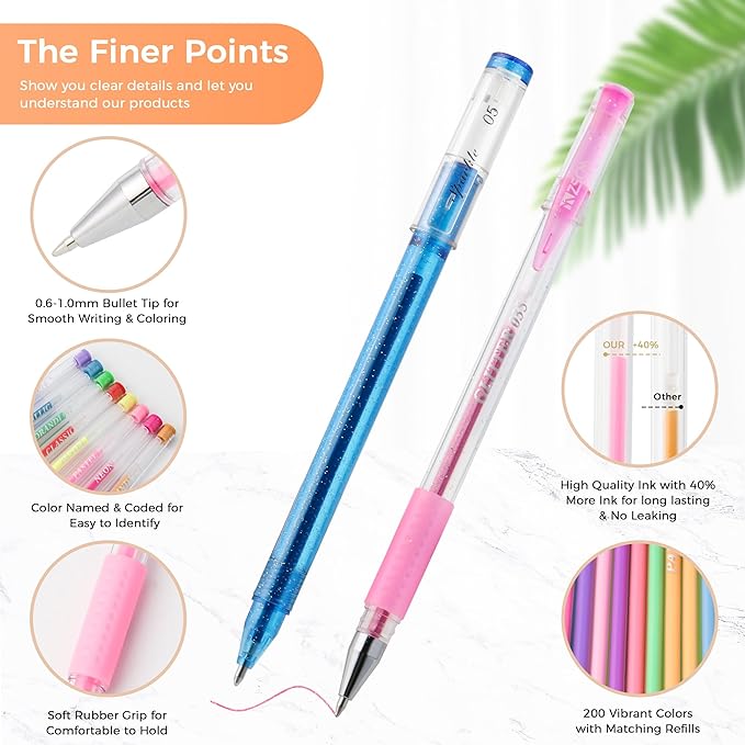 ZSCM 400 Pack Gel Pens for Adult Coloring Book, 200 Artist Colored Pens With 200 Refills, Fine Tip Metallic Glitter Gel Pens for Drawing Doodling Journaling Craft Art Supplies