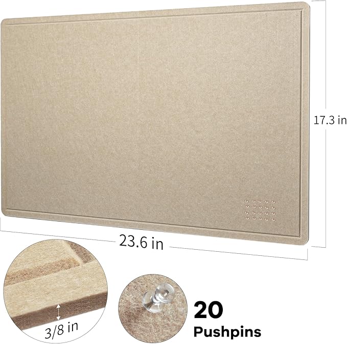 Lightomorrow Bulletin Board, 24 x 18 inches Decorative Felt Pin Board, Cork Board Alternative for Wall, Foldable Photo Board with 20 Pushpins - Beige Brown