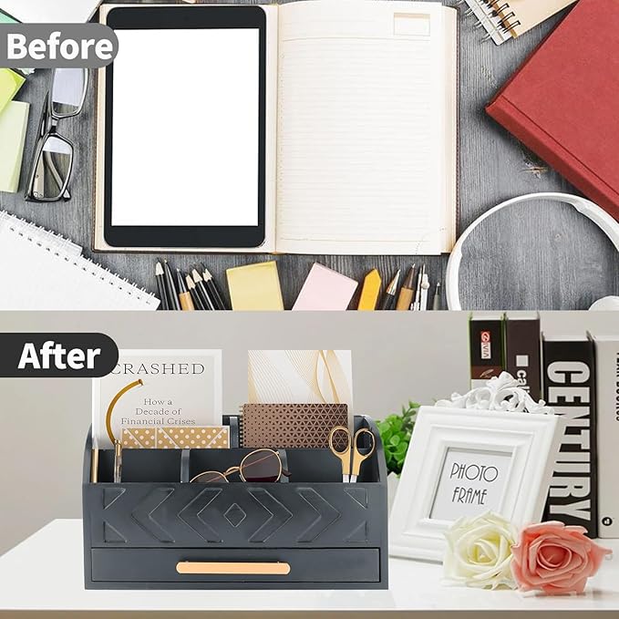 ZALIOJI Wooden Desk Organizer Mail Organizer Countertop, Desktop Organizer Mail Sorter Mail Holder Bill Organizer for Desk, Desk Organizers and Accessories for Women (Black)