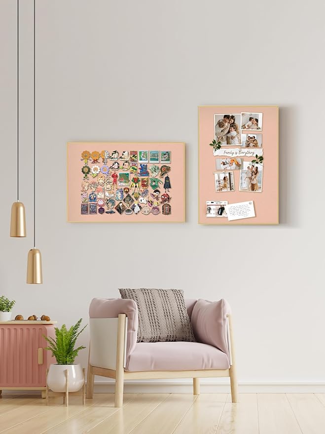 Bulletin Board 23.6 x 17.7 inches, Blush Coral Pin Board, Golden Aluminum Framed Fabric Cork Board with 10 Push Pins
