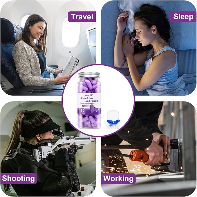 Aoutrow 60 Pairs Soft Foam Ear Plugs, 38dB SNR Slow Rebound Ear Plugs for Sleeping Noise Cancelling, Noise Reduction, Work, Swimming, Shooting, Studying, Purple