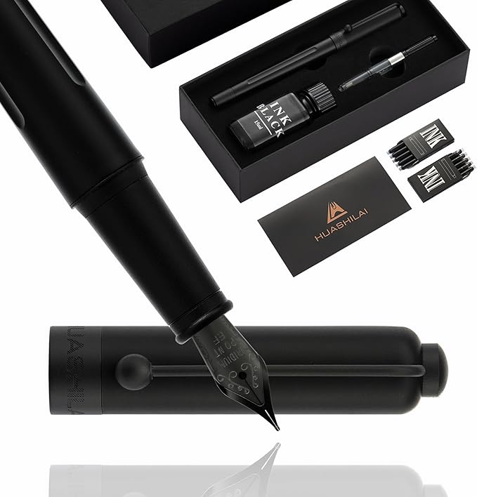 HUASHILAI Luxury Matte Black Forest Fountain Pen Set,Titanium Black Extra Fine and Medium Nibs,Includes 2 Ink Converters,10 Ink Cartridges,15ml ink，Premium Gift Case for Calligraphy (Extra Fine Nib)
