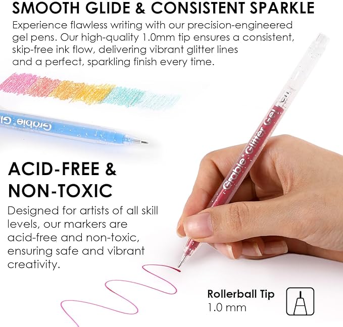 Grabie 42 Capped Glitter Gel Pen Set, 18 Iridescent&24 Essential Color Pens, Smooth Rollerball Tip, Metallic Sparkly Gel Pens for Coloring, Set of 42 Gel Pens Colored