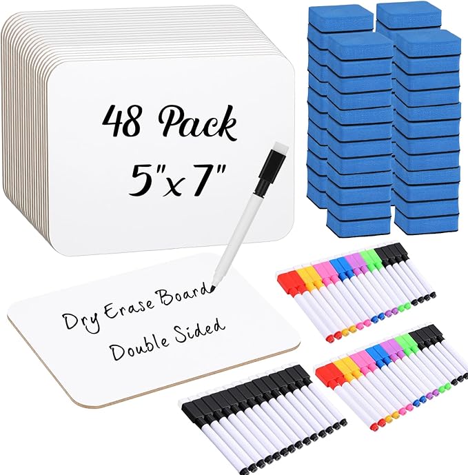 Affrolling 48 Sets Small Whiteboard Dry Erase Boards 5" x7'' Mini Double Sided Dry Erase Lap Boards with Markers Erasers Pen Holders Personal Whiteboards for Students Classroom Teacher