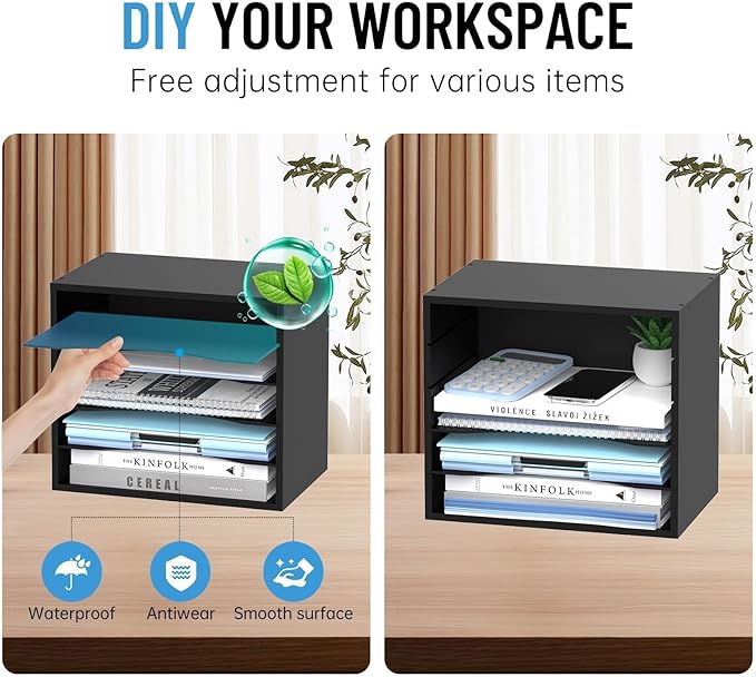 SHARKWOODS 5-Tier Wood Desk Organizer, Paper Tray Organizer for Desk with Adjustable Storage Shelves, Desktop File Organization Paper Sorter Mail Holder for Office Home Classroom, Black