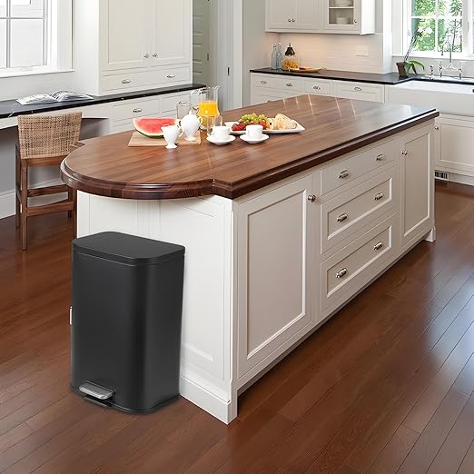 Takywep 13.2 Gallon Brushed Stainless Steel Trash Can with Soft-Close Lid, 3.2/5.3/8/13.2 Gallon Smudge-Resistant Compact Garbage Bin for Kitchen, Bathroom, Office - Black & White