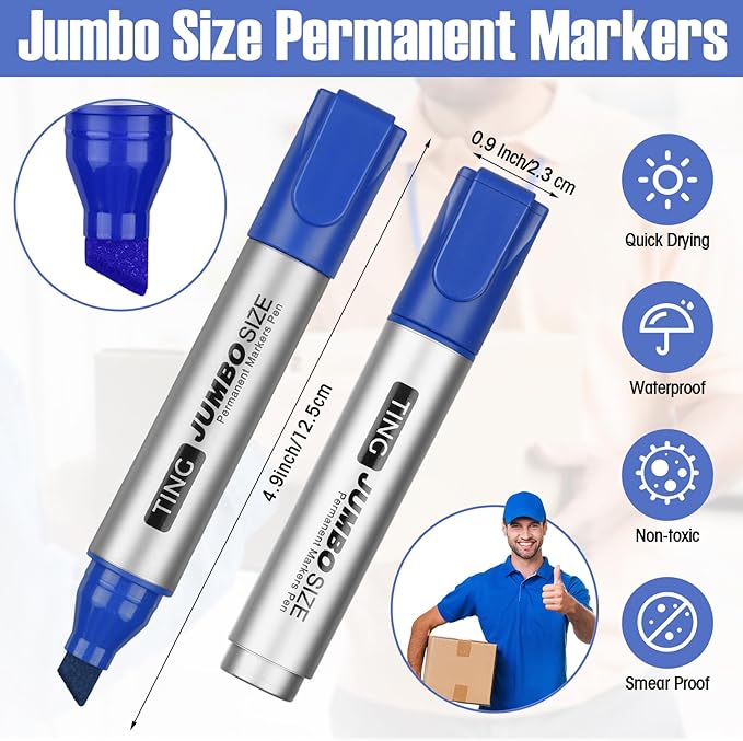 Fuutreo 32 Pcs Jumbo Permanent Markers Bulk Large Chisel Tip Permanent Markers Waterproof Jumbo Pens Quick Drying Office Supplies(Blue)