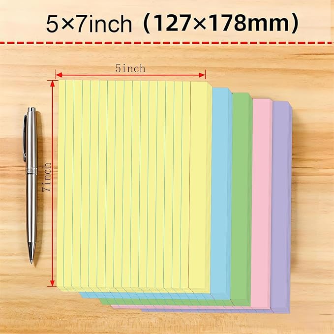 JINMIKEJI Colored Index Cards 5x7 Inch - 50 Pack Ruled Flash Cards for Students, Office & Home, Durable Study Note Cards with Lines