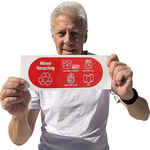 SmartSign (Pack of 4) 3.75 x 9 inch “Mixed Recycling” Sticker Labels with Symbols, 5 mil Laminated Polyester with SuperStick Adhesive, Red and White, Made in USA