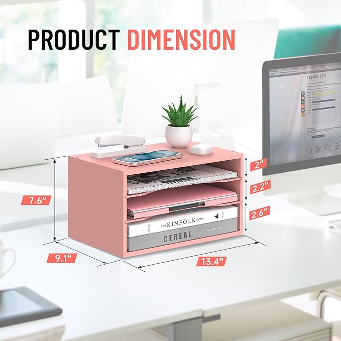 SHARKWOODS Wood Desk Organizer, 3 Tier Paper Tray Organizer for Desk with Adjustable Storage Shelves, Desktop File Organization Paper Sorter Mail Holder for Office Home Classroom, Pink
