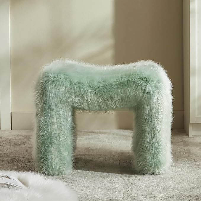 ZYKZYK Modern Vanity Stool Ottoman, Backless Faux Fur Small Footstool for Makeup Room, Living Room, Bedroom, Entryway Portable and Comfortable Seating (Single Piece) Green