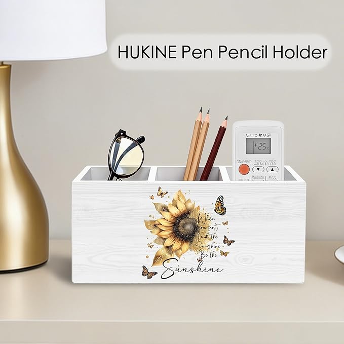HUKINE Sunflower Inspirational Quotes Pen Holder for Desk Decoration, When You Can't Find the Sunshine Motivational Wooden Box Sign Pencil Holder Organizer for Home Office Desk Accessories