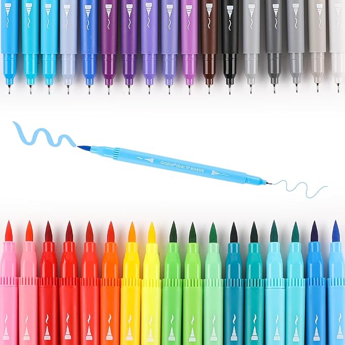 Grabie Dual Tip Water-Based Sketch Marker Set of 100, Fineliner & Brush Drawing Pens, Brush Marker Pens, 100 Colored Markers for Adult Coloring Books No Bleeding, Drawing, Sketching