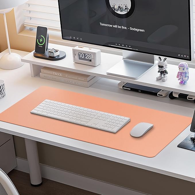 Boutilon Leather Desk Pad Protector,Non-Slip Mouse Pad,Laptop Desk Pad,Office Mouse Mat,Waterproof Leather Desk Blotter,Desk Writing Pad for Office and Home (L-Orange Pink,35"x 17")