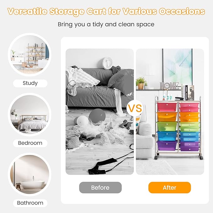 COSTWAY 15 Drawer Rolling Storage Cart, Multipurpose Mobile Storage Organizer w/Removable Drawers & Metal Frame, Utility Tools Paper Organizer on Wheels for Home, Office (Rainbow)