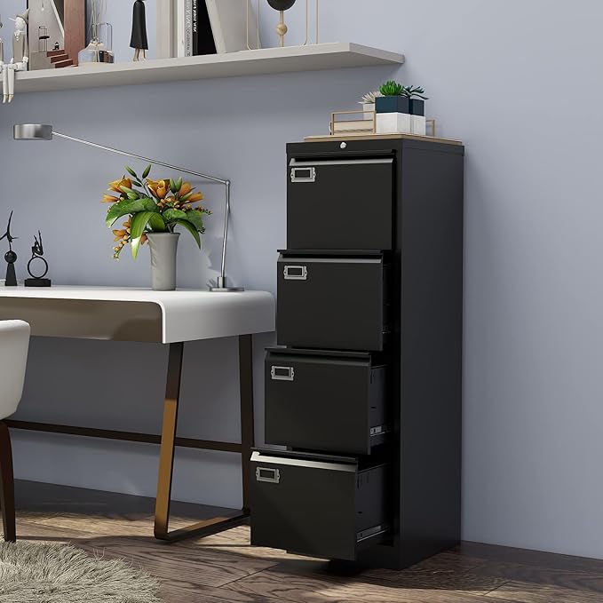 PEUKC 4 Drawer File Cabinet, Vertical Filing Cabinets with Lock, Metal File Cabinets for Home Office, Anti-Tip 4 Storage Drawers for Letter/Legal/A4/F4 Size (Assemble Required, Black)