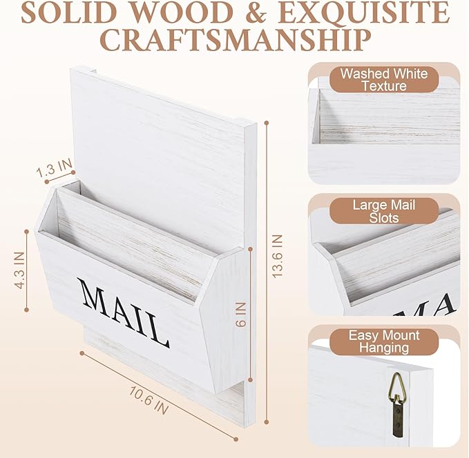 SeekElegant Mail Organizer Wall Mounted, 2-Slot Mail Holder for Wall, Wood Hanging Mail Organizer, File Paper Letter Envelope Bill Holder for Office Home Entryway (White)