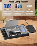 Valet Tray with Wireless Charger, Nightstand Organizer, Leather Desk Drawer Organizer Tray with 7 Compartments for Jewelries, Watch, Key, Wallet, Phone, Black