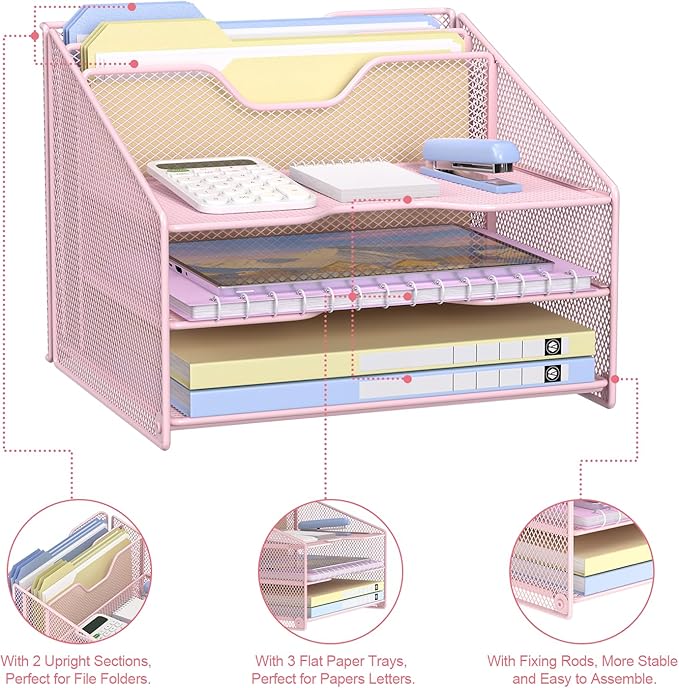 Samstar Pink Desk File Organizer, Mesh Letter File Folder Holder with 3 Paper Trays and 2 Vertical Upright Section, for Office Supplies, Desk Accessories & Workspace, Pink