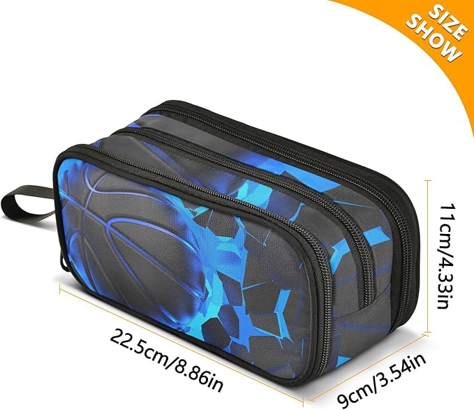 BOENLE 3d Basketball Blue Lighting Pencil Case Box Boys Girls Large Pencil Pouch with Zipper Compartments Big Capacity Stationery Pen Bag Organizer for Kids Teens Adults School