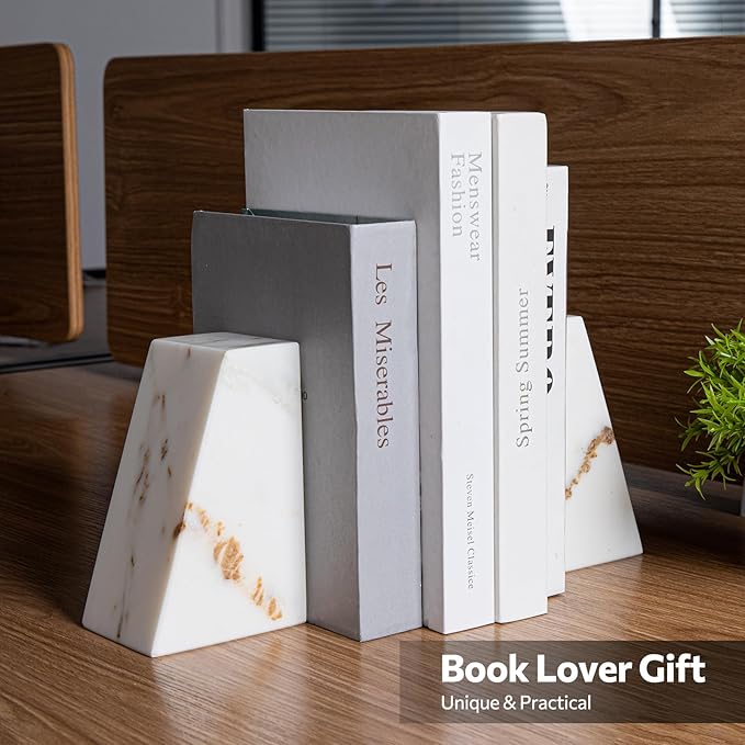 Faticdorr Luxury Marble Bookends for Shelves, 11LB Heavy Duty Marble Book Ends for Heavy Books, Stone Bookends Decorative, Polished, Calacatta Gold Triangular, Set of 2