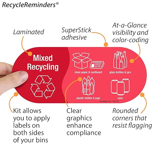 SmartSign (Pack of 4) 3.75 x 9 inch “Mixed Recycling” Sticker Labels with Symbols, 5 mil Laminated Polyester with SuperStick Adhesive, Red and White, Made in USA