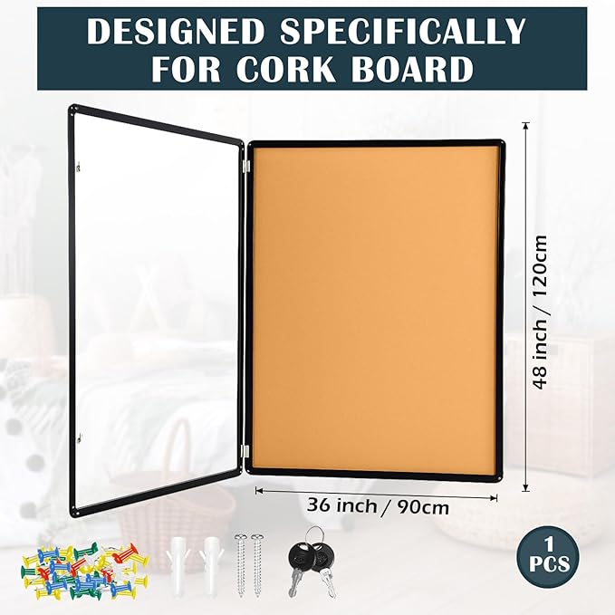 Cholemy Enclosed Bulletin Lockable Cork Case Notice Board 48 x 36 Inch Weatherproof Bulletin Board with Aluminum Frame Mounting Screws Outdoor for School Office Wall Display Pictures(Black)