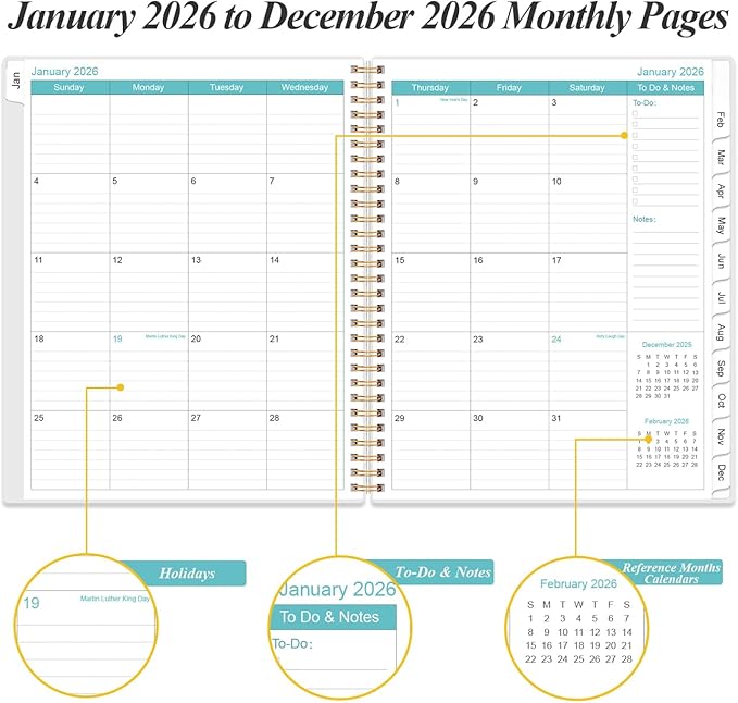 2026 Daily & Monthly Planner - One Page Per Day, Daily Planner from January 2026 - December 2026, Planner 2026 with 12 Monthly Tabs, 8.5" x 11", Rose Leaf