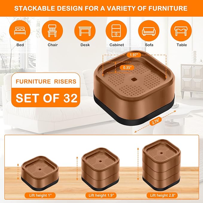 shouwuhho 32 Pack Furniture Risers Adjustable Bed Risers Heavy Duty Lifts Height 1", Square Stackable Bed Risers 1, 2 or 3 Inch for Desk Leg Table Couch Sofa Chair Bed Frame Legs Dorm, Brown