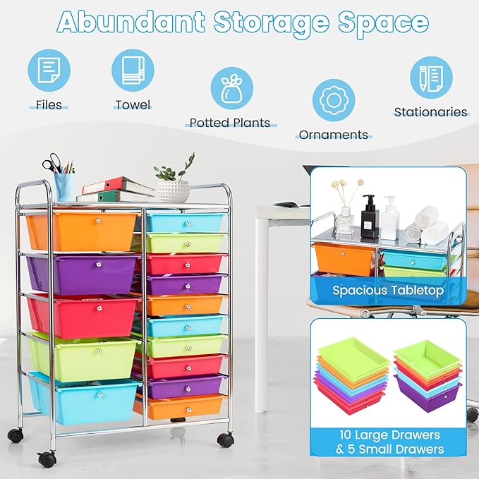 GLACER 15 Drawers Rolling Cart, Storage Cart with w/Removable Drawers & Steel Frame, Multipurpose Organizer Cart w/Sleek Handle, Utility Cart on Lockable Wheels for Home, School, Office (Multicolor)