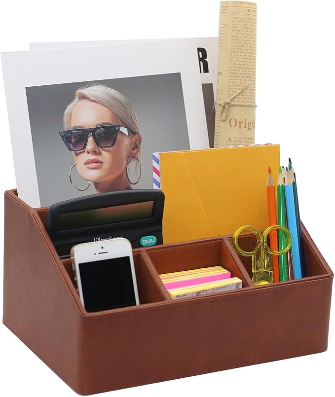 Boershun Desk Organizer, Mail Organizer Countertop, Bills Organizer, Mail Sorters, Magazine Holder, Desk Organizer and Accessories for Office Supplies, Brown Leather