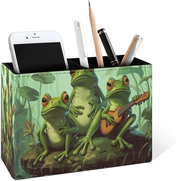 Famame Cute Funny Frog Music Team Pencil Holder for Desk, Leather Desktop Container Pen Cup Storage Study Table Pen Organizer Makeup Brush Holder for Classroom Office Home