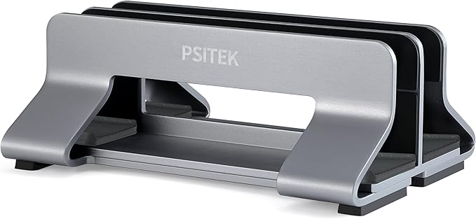 Psitek Aluminum Dual Vertical Laptop Stand Dock Holder, Supports 2 Devices, Adjustable Slot Width 15-36mm, Space-Saving Upright Storage for MacBook and Laptops