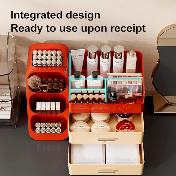 KQJS Makeup Organizer with Drawers,Large Capacity Countertop Organizer for Vanity,Bathroom and Bedroom Desk Cosmetics Organizer,Easy To Storage Skincare,Brushes,Lotions,Lipstick (Red and Cream)