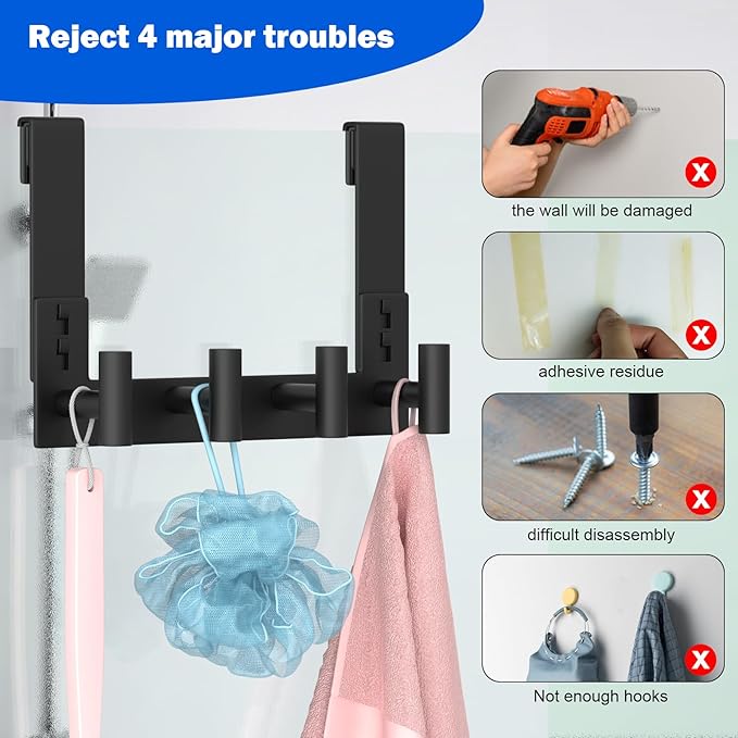 PMMASTO No-Drill Extra Long Shower Hooks, Fits 3/8" Thick Door, Heavy Duty Stainless Steel Towel Hooks for Frameless Glass Shower Door, Holds Bathrobe Towel (Black, 4 T-Hooks)