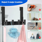 PMMASTO No-Drill Extra Long Shower Hooks, Fits 3/8" Thick Door, Heavy Duty Stainless Steel Towel Hooks for Frameless Glass Shower Door, Holds Bathrobe Towel (Black, 4 T-Hooks)