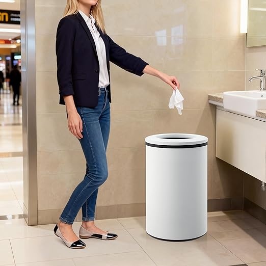 Takywep Stainless Steel Open Top Trash Can, 10.6 Gallon Cylindrical Touch-Free Direct Toss Bin with Soft-Close Lid, Anti-Fingerprint Easy-Clean for Kitchen Office Bathroom (White)