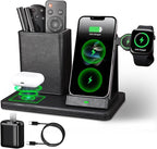 LADSTAG Office Supplies Desk Accessories,Pen Holder Remote Control Holder, Organizer with Phone Charger,Nightstand Desktop Organizer,Black Leather Desk Organizer With Charging Station (black)