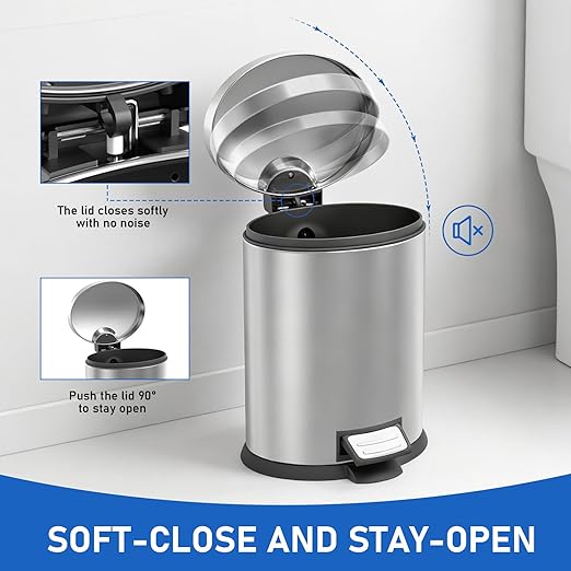 SIMPLYKLEEN Bathroom Trash Can with Lid - 2PC Oval Small Trash Can with Soft-Close Lid, Foot Pedal, Brushed Stainless Steel, Removable Liner, Garbage can for Kitchen, Office, Home Silver