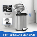 SIMPLYKLEEN Bathroom Trash Can with Lid - 2PC Oval Small Trash Can with Soft-Close Lid, Foot Pedal, Brushed Stainless Steel, Removable Liner, Garbage can for Kitchen, Office, Home Silver