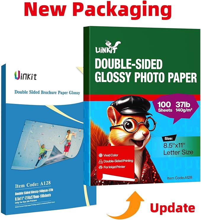 Uinkit 100 sheets Photo Paper Glossy Double Sided 8.5x11 Inkjet 37lb 140gsm Dye ink Thin Photo Picture Flyer Calendar Magazine CD Cover letter