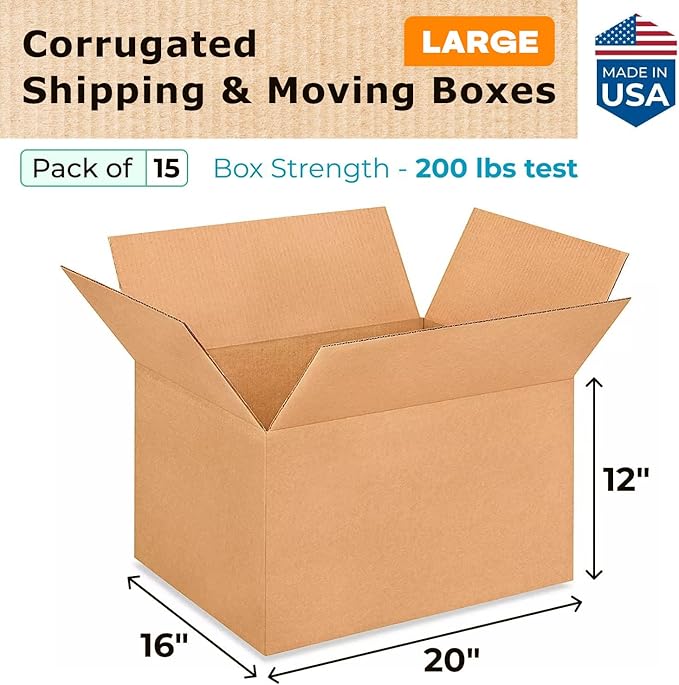 Large Shipping & Moving Boxes 20"L x 16"W x 12"H (15-Pack) - Extra Strength 200 lb vs Regular - Corrugated Shipping Boxes for USPS/UPS/FEDEX - Cardboard Box Moving - Large Box by IDL Packaging