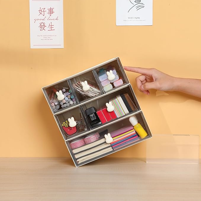 OSteed Desktop Drawers, Desk Organizer with 6 Drawers & Bunny Handles, Stackable Craft Storage Box for Home Collection, Cosmetics, Office Supplies (3 Tiers, Cream & Clear)