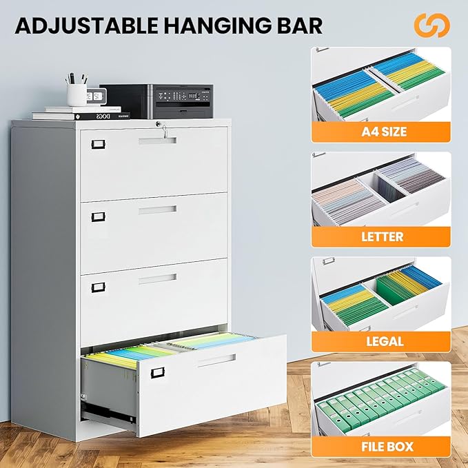 AFAIF 4 Drawer File Cabinets for Home Office, Metal Filing Cabinet with Lock, White Locking File Caninet Four Drawer, Office Storage Caninets Steel Cabnet for Letter/Legal/A4/F4-Assembly Required