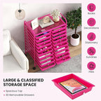 Happygrill 20-Drawer Organizer Cart Tools, Mobile Utility Storage Cart with Removable Drawers & Lockable Wheels, Rolling Storage Cart with wheels for Home Office School (Hot Pink)