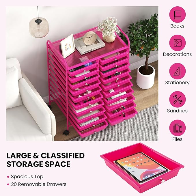 Happygrill 20-Drawer Organizer Cart Tools, Mobile Utility Storage Cart with Removable Drawers & Lockable Wheels, Rolling Storage Cart with wheels for Home Office School (Hot Pink)