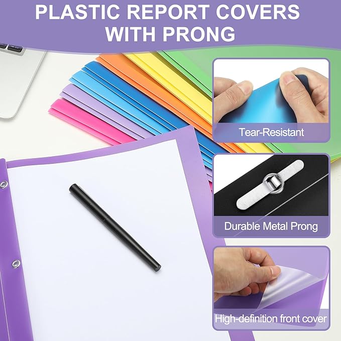 PATIKIL Plastic Report Covers with Prong, 10 Pcs 80 Sheet Clear Front Presentation Binders with 3 Metal Prong Fasteners Report Folder for Resume Documents Files Letter, Light Purple
