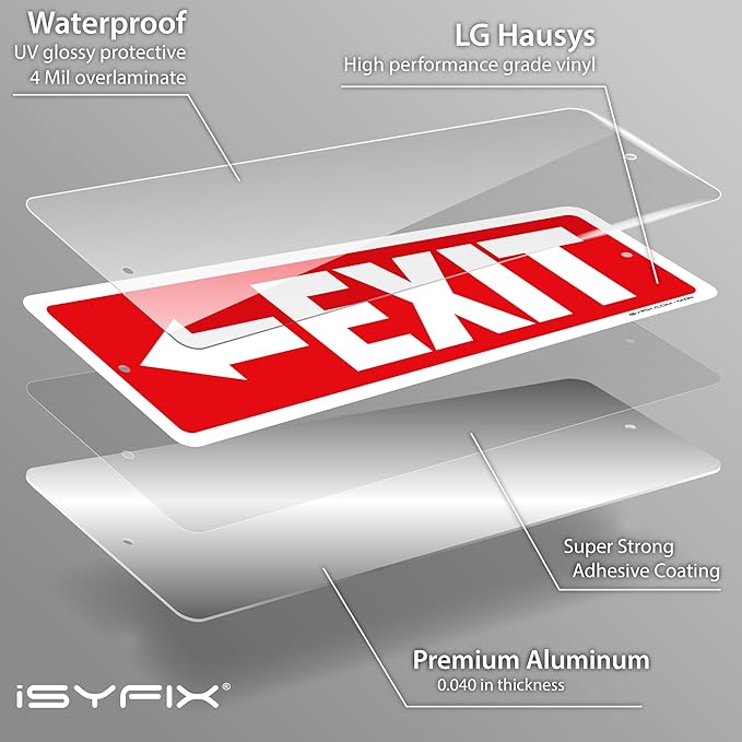 iSYFIX Exit Signs 2 Pack 12x4 Inch with Directional Left Arrows - Rust Free Aluminum, Laminated for UV, Weather, Scratch Resistance - Ideal for Offices, Schools, Theaters, Restaurants