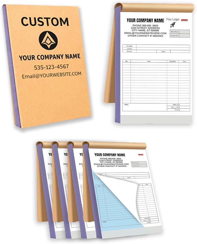 Custom Carbonless Invoice Book with Logo, Personalized Cover & Inner Pages, 2 Part NCR Receipt & Work Order Forms, Easy Tear, Writing Shield for Small Business (2-Part [White/Blue], 7.48 x 5.12INCH)