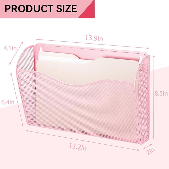 GDINDINFAN 3 Single Pocket Wall File Holder, Mesh Hanging File Folder Paper Organizer, Vertical Wall Mounted Mail Basket, Storage Organization Magazine Rack for Office, Home and School, Pink